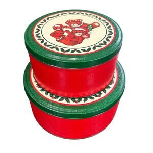 Christmas Bears- Round Decorative Tins- Nesting Set of 2- some wear Vtg Holly
